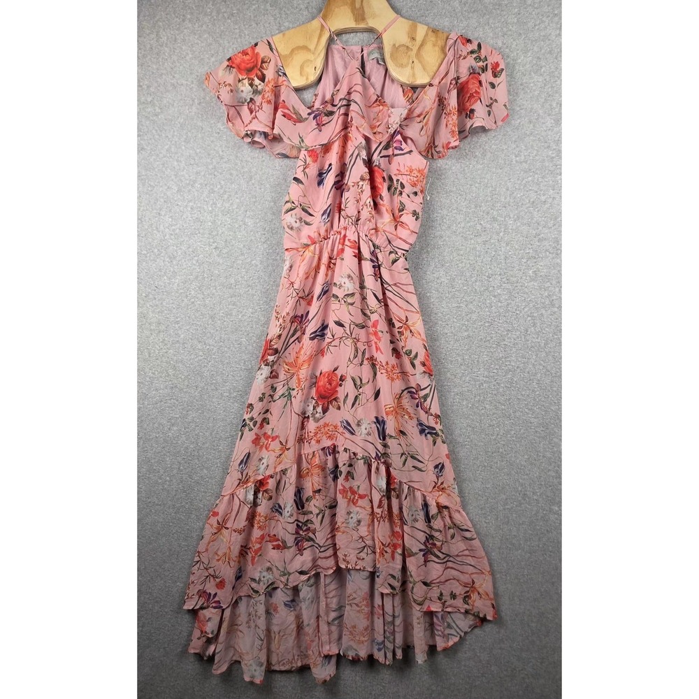Belle + Sky Dress Womens Medium Pink Floral Cold Shoulder Hi Low Maxi Ruffle